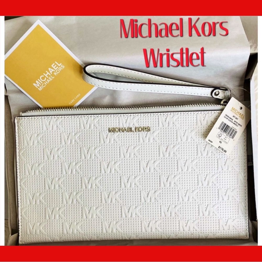 Michael Kors Large Zip Clutch, “Jet Set” Signature, Branded, White, NWT